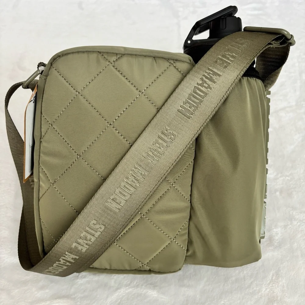 STEVE MADDEN Bavia Olive Green Quilted Crossbody Bag with Attached Water Bottle